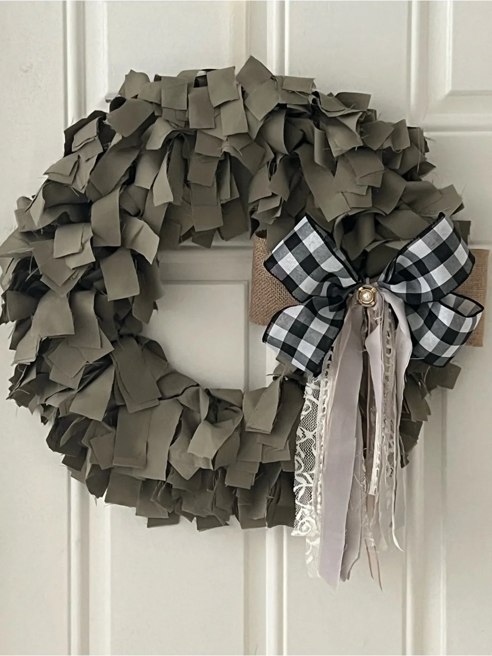 Farmhouse Neutral green  Rag Wreath with Black Buffalo Check Bow - Home